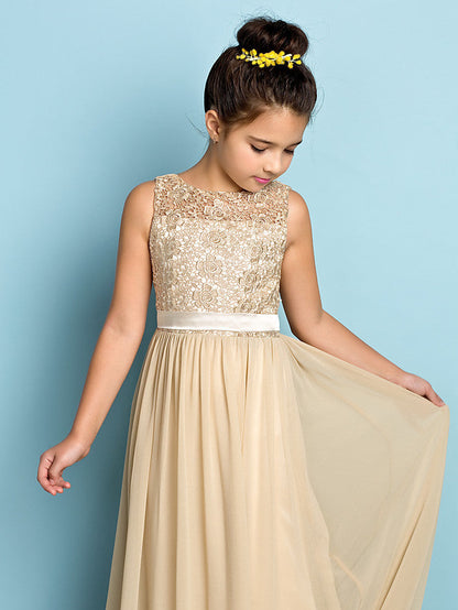 Long A-Line Scoop Neck Flower Girl Dresses Chiffon Lace Junior Bridesmaid Dress