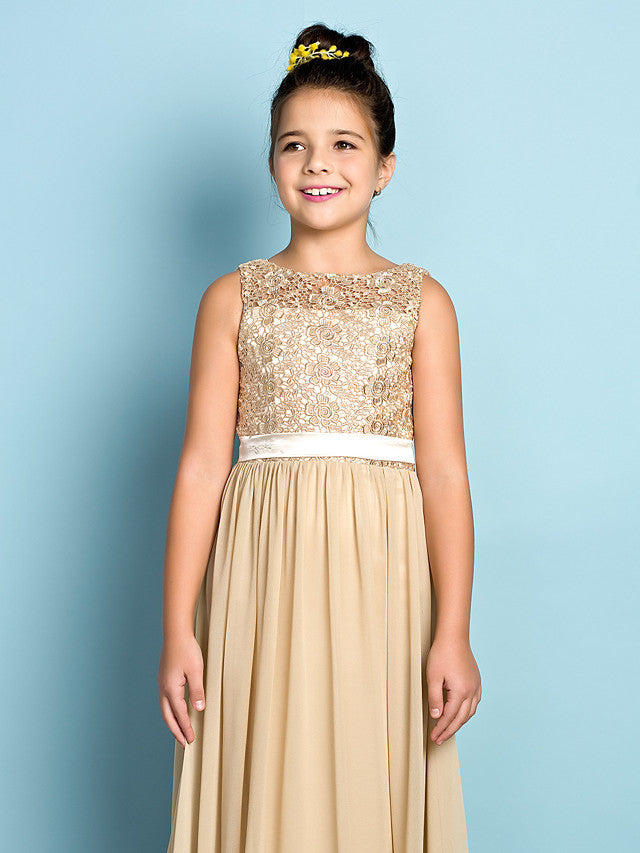 Long A-Line Scoop Neck Flower Girl Dresses Chiffon Lace Junior Bridesmaid Dress