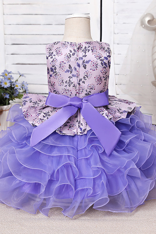 Long A-line Scoop Purple Ruffles Tulle Flower Girl Dresses