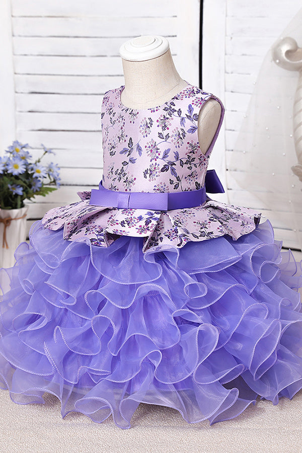 Long A-line Scoop Purple Ruffles Tulle Flower Girl Dresses