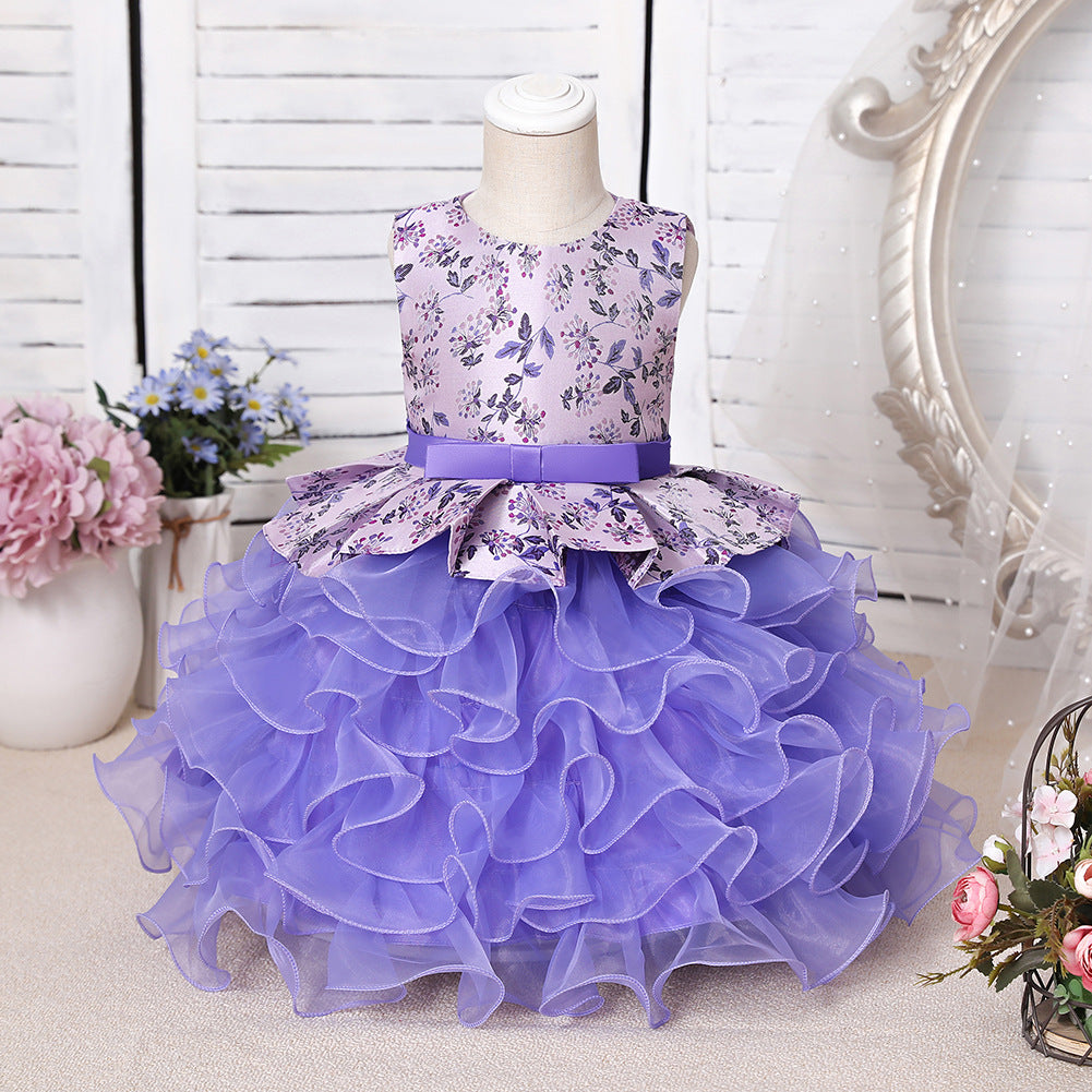 Long A-line Scoop Purple Ruffles Tulle Flower Girl Dresses