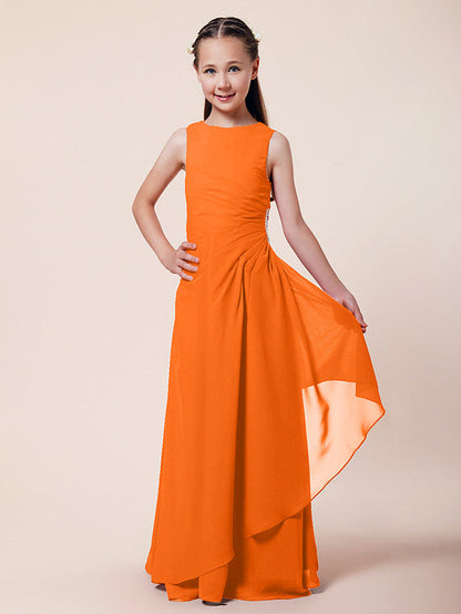 Long A-Line Sheath Flower Girl Dresses Bateau Neck Chiffon Junior Bridesmaid Dress