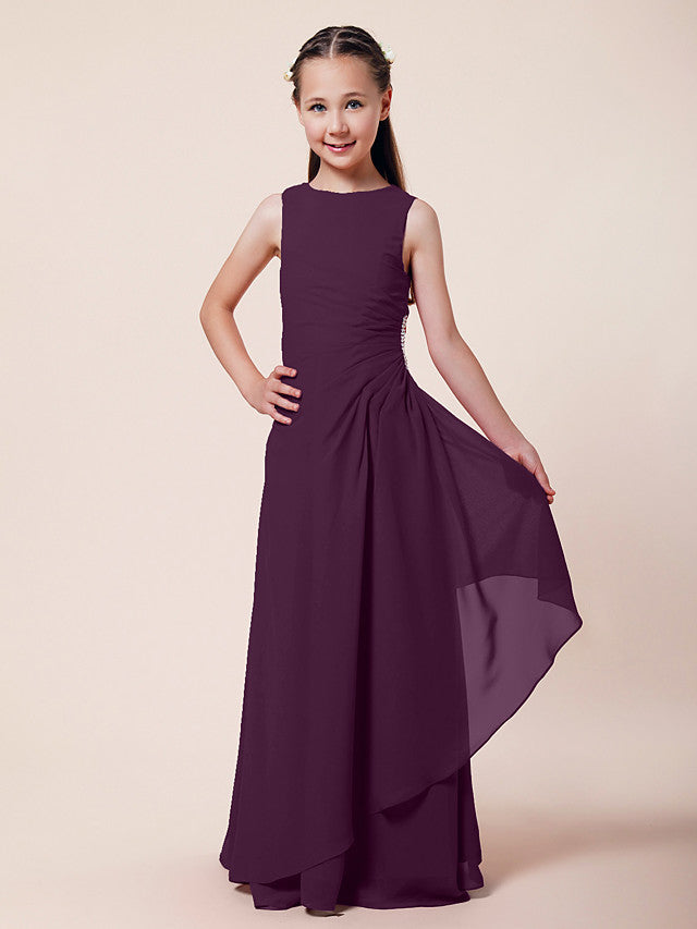 Long A-Line Sheath Flower Girl Dresses Bateau Neck Chiffon Junior Bridesmaid Dress