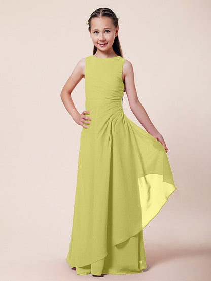 Long A-Line Sheath Flower Girl Dresses Bateau Neck Chiffon Junior Bridesmaid Dress