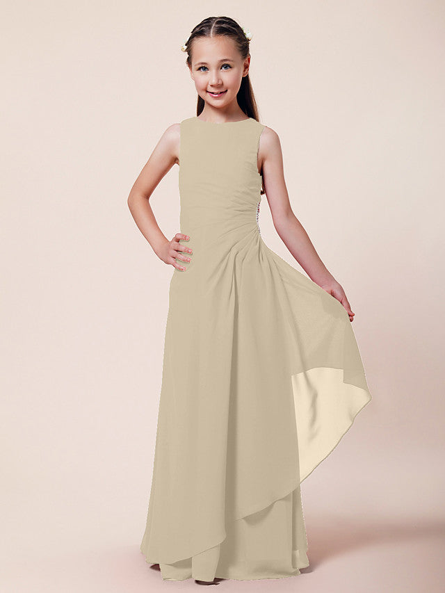 Long A-Line Sheath Flower Girl Dresses Bateau Neck Chiffon Junior Bridesmaid Dress