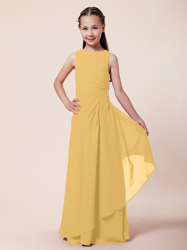 Long A-Line Sheath Flower Girl Dresses Bateau Neck Chiffon Junior Bridesmaid Dress