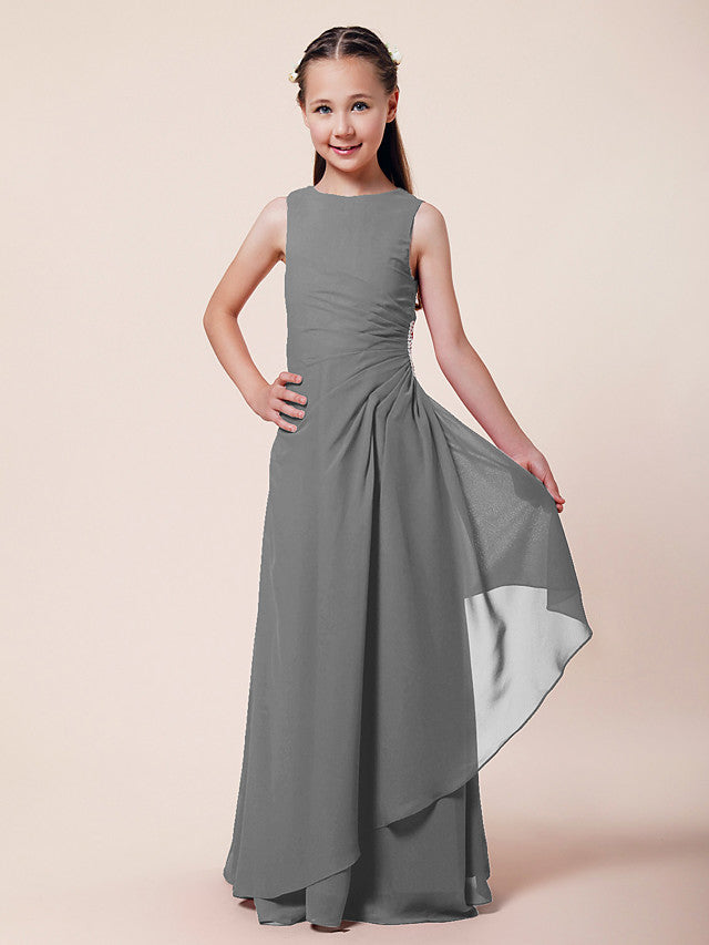 Long A-Line Sheath Flower Girl Dresses Bateau Neck Chiffon Junior Bridesmaid Dress