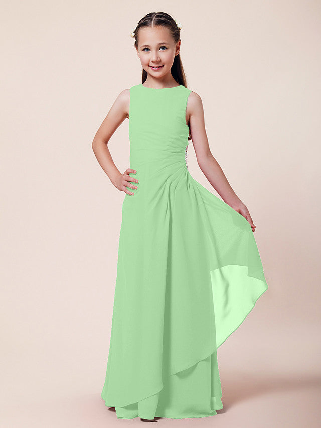 Long A-Line Sheath Flower Girl Dresses Bateau Neck Chiffon Junior Bridesmaid Dress