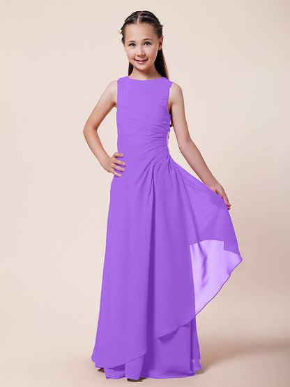 Long A-Line Sheath Flower Girl Dresses Bateau Neck Chiffon Junior Bridesmaid Dress