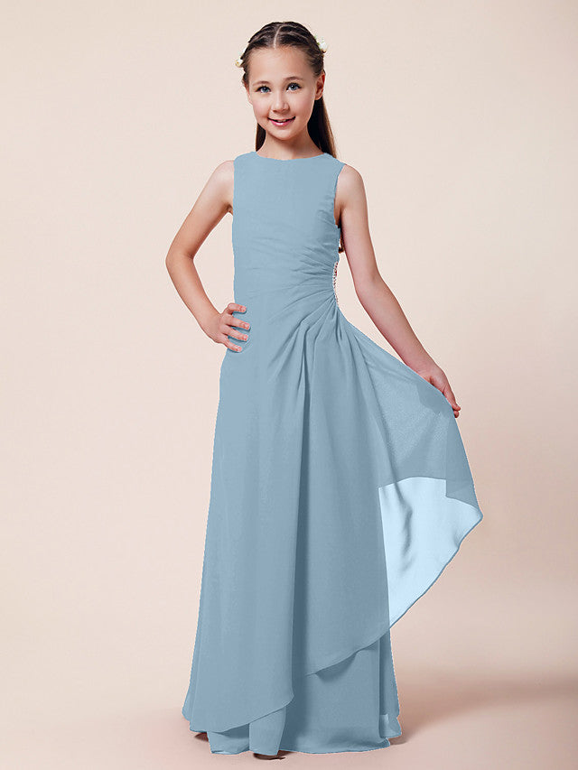 Long A-Line Sheath Flower Girl Dresses Bateau Neck Chiffon Junior Bridesmaid Dress