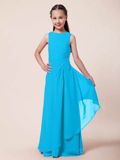 Long A-Line Sheath Flower Girl Dresses Bateau Neck Chiffon Junior Bridesmaid Dress