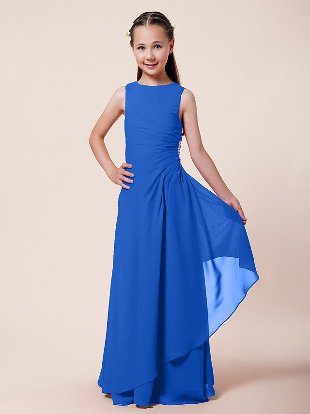 Long A-Line Sheath Flower Girl Dresses Bateau Neck Chiffon Junior Bridesmaid Dress