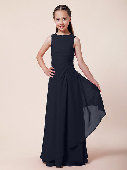 Long A-Line Sheath Flower Girl Dresses Bateau Neck Chiffon Junior Bridesmaid Dress