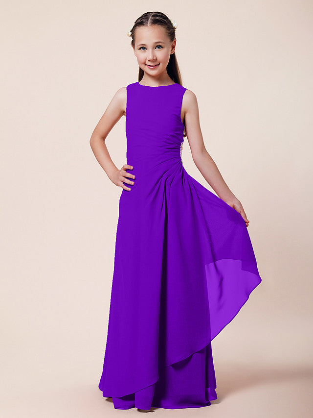 Long A-Line Sheath Flower Girl Dresses Bateau Neck Chiffon Junior Bridesmaid Dress