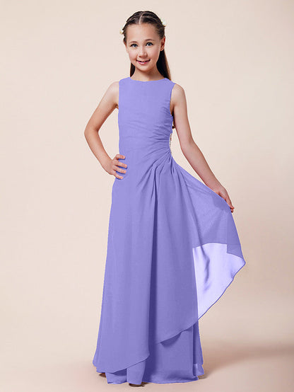 Long A-Line Sheath Flower Girl Dresses Bateau Neck Chiffon Junior Bridesmaid Dress