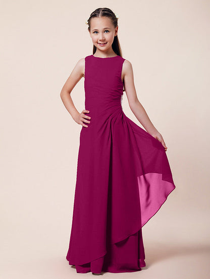 Long A-Line Sheath Flower Girl Dresses Bateau Neck Chiffon Junior Bridesmaid Dress