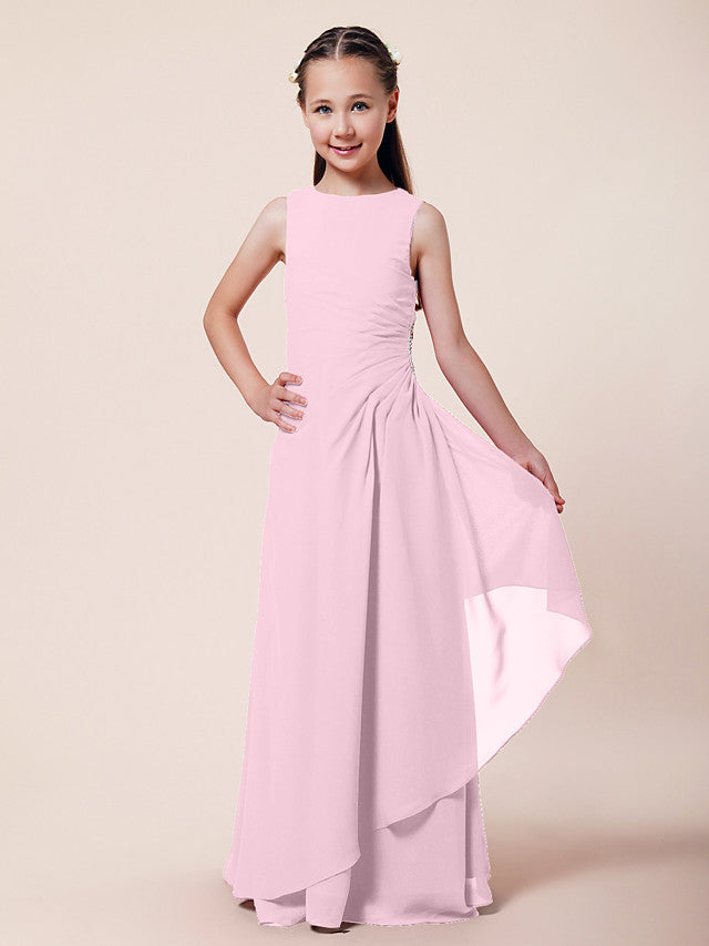 Long A-Line Sheath Flower Girl Dresses Bateau Neck Chiffon Junior Bridesmaid Dress