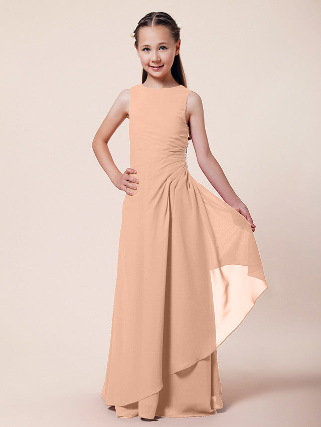 Long A-Line Sheath Flower Girl Dresses Bateau Neck Chiffon Junior Bridesmaid Dress