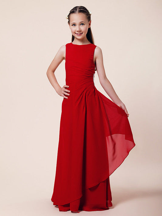 Long A-Line Sheath Flower Girl Dresses Bateau Neck Chiffon Junior Bridesmaid Dress