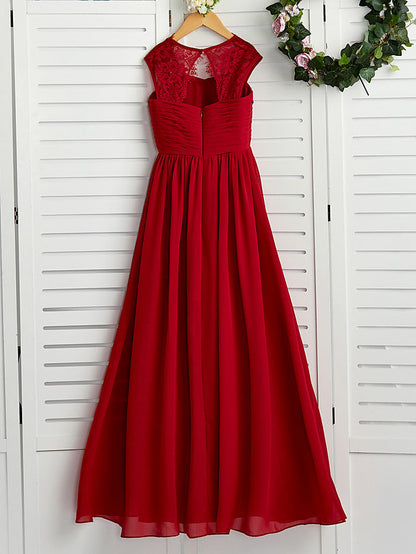 Long A-Line Square Neck Chiffon Junior Bridesmaid Dress With Lace Ruching