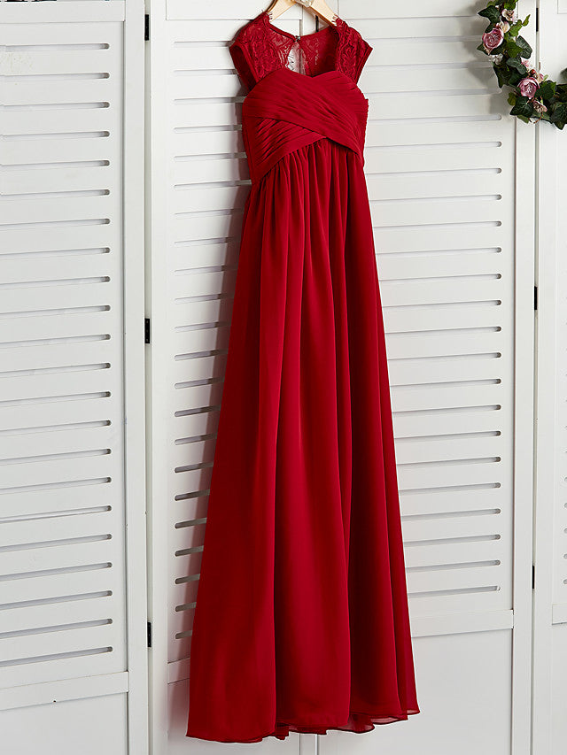 Long A-Line Square Neck Chiffon Junior Bridesmaid Dress With Lace Ruching