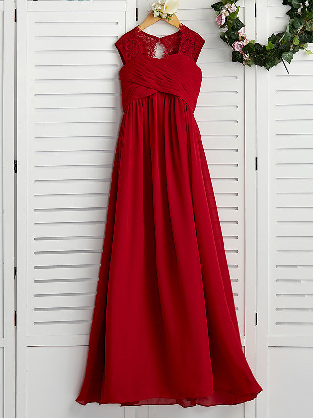 Long A-Line Square Neck Chiffon Junior Bridesmaid Dress With Lace Ruching