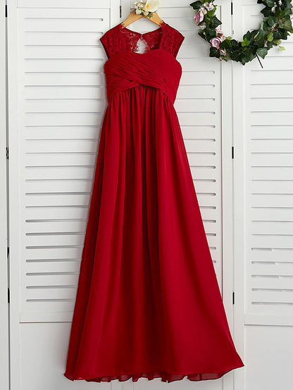 Long A-Line Square Neck Chiffon Junior Bridesmaid Dress With Lace Ruching