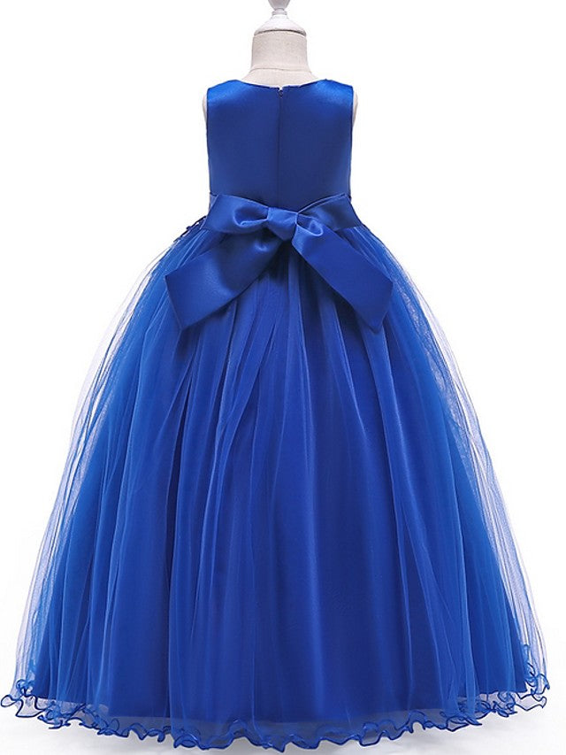 Long A-Line Tulle Jewel Neck Pageant Flower Girl Dresses With Bow