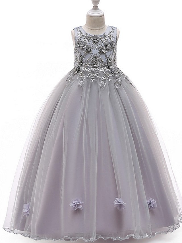 Long A-Line Tulle Jewel Neck Pageant Flower Girl Dresses With Bow