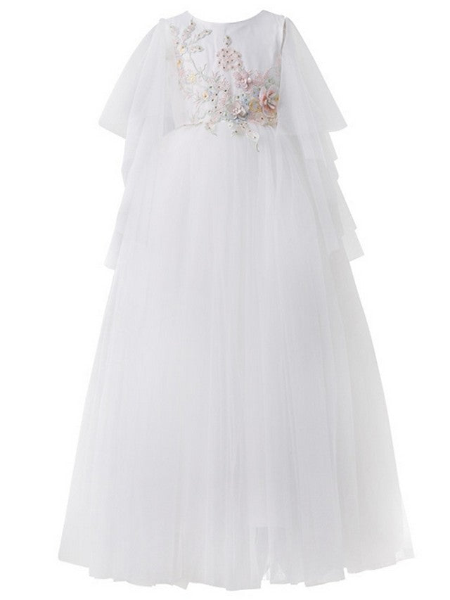 Long A-Line Tulle Short Sleeve Jewel Neck Pageant Flower Girl Dresses