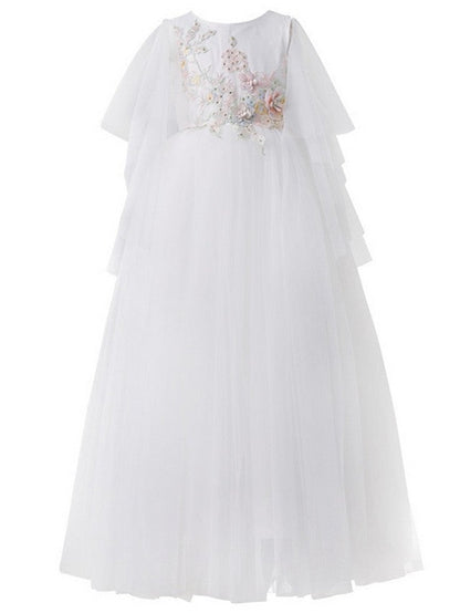 Long A-Line Tulle Short Sleeve Jewel Neck Pageant Flower Girl Dresses