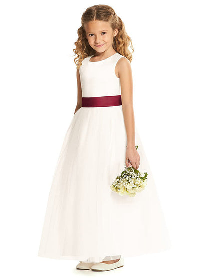 Long A-Line Tulle Sleeveless Jewel Neck Wedding Party Flower Girl Dresses