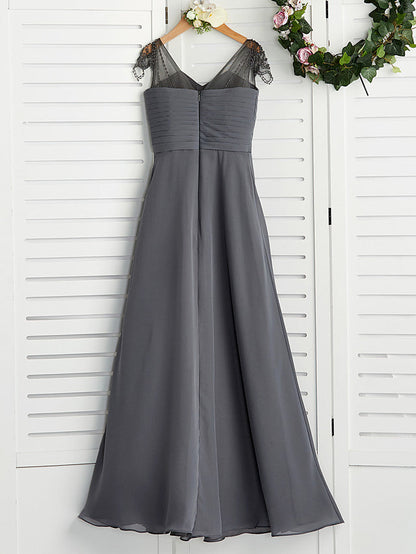 Long A-Line V Neck Chiffon Junior Bridesmaid Dress