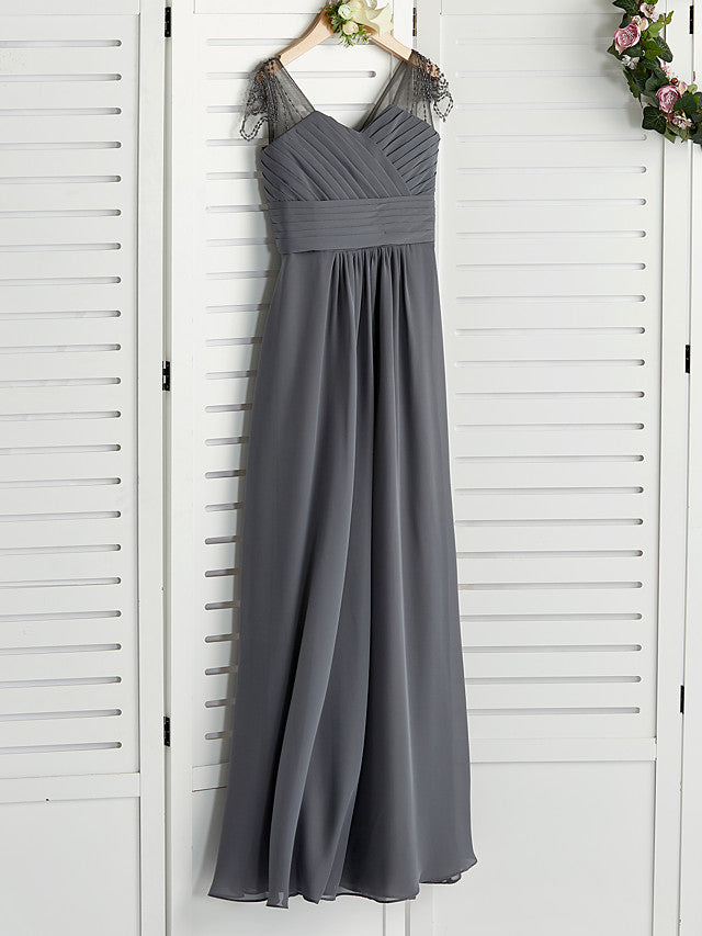 Long A-Line V Neck Chiffon Junior Bridesmaid Dress