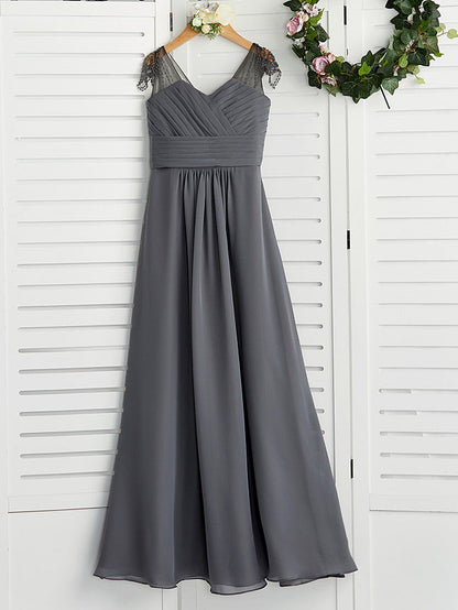 Long A-Line V Neck Chiffon Junior Bridesmaid Dress