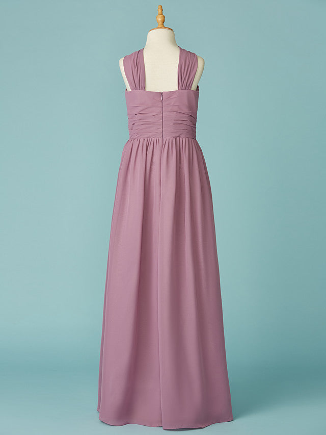 Long A-Line V Neck Chiffon Junior Bridesmaid Dress With Ruffles