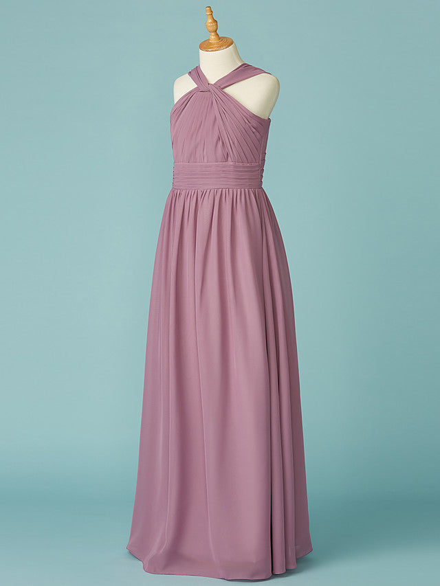 Long A-Line V Neck Chiffon Junior Bridesmaid Dress With Ruffles