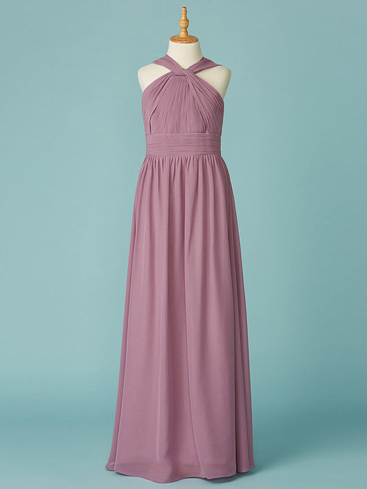 Long A-Line V Neck Chiffon Junior Bridesmaid Dress With Ruffles