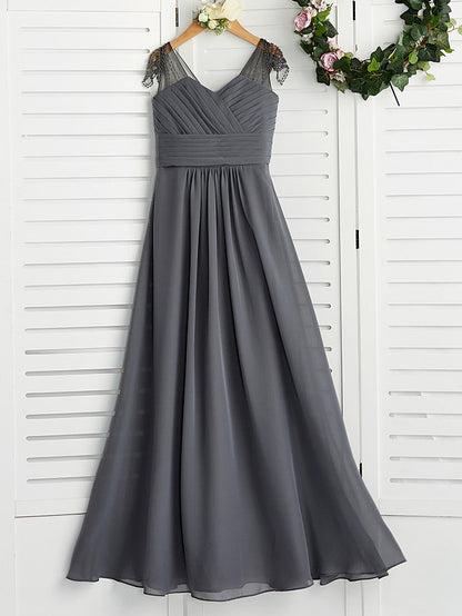 Long A-Line V Neck Chiffon Junior Bridesmaid Dress