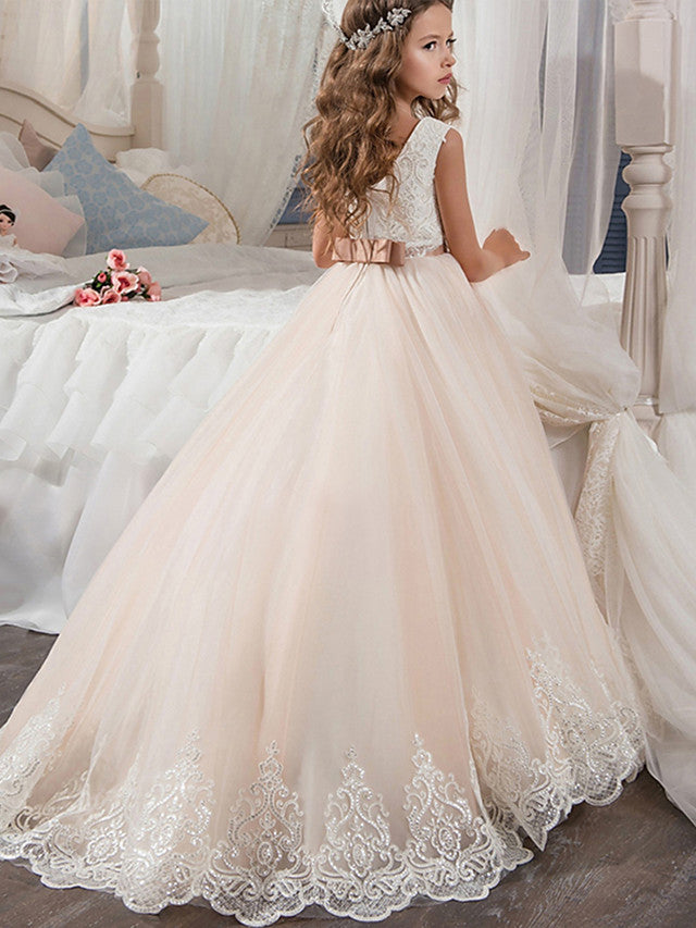 Long Ball Gown Chiffon Tulle Jewel Neck Wedding Birthday Pageant Flower Girl Dresses