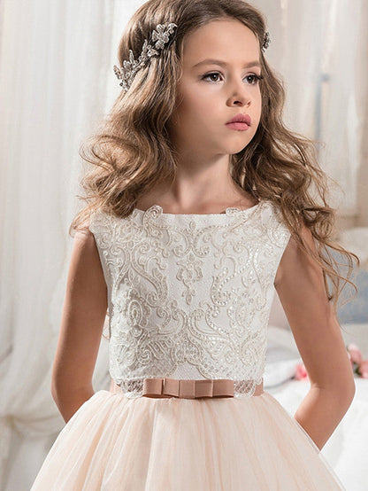 Long Ball Gown Chiffon Tulle Jewel Neck Wedding Birthday Pageant Flower Girl Dresses