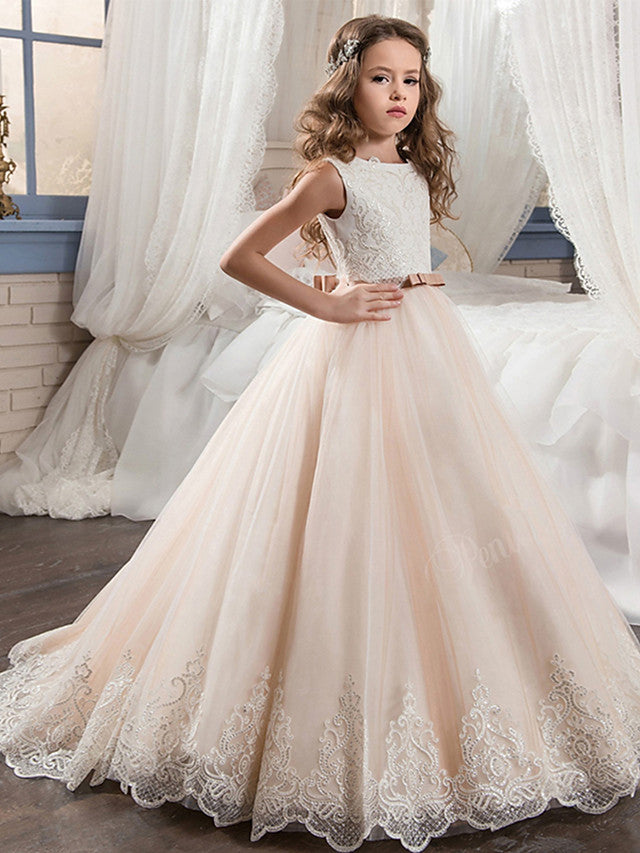 Long Ball Gown Chiffon Tulle Jewel Neck Wedding Birthday Pageant Flower Girl Dresses