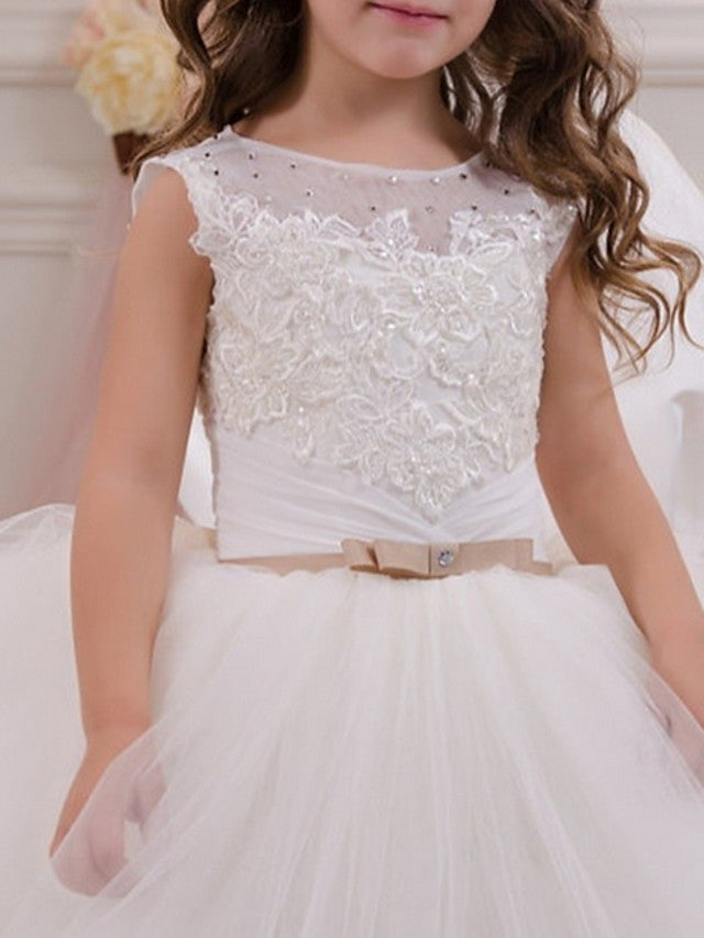 Long Ball Gown Jewel Neck Event Party Birthday Flower Girl Dresses With Appliques