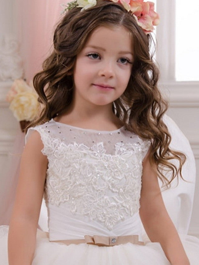 Long Ball Gown Jewel Neck Event Party Birthday Flower Girl Dresses With Appliques