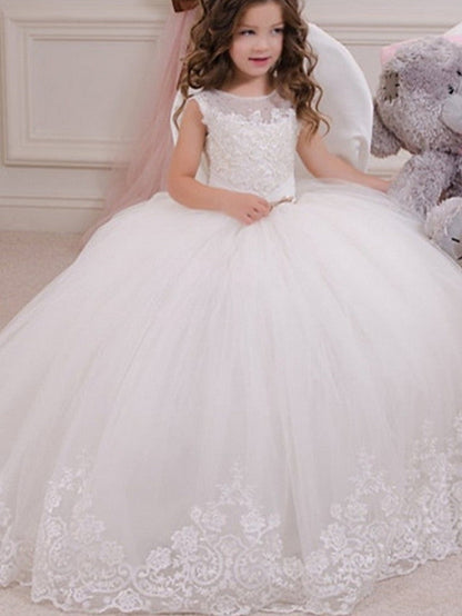 Long Ball Gown Jewel Neck Event Party Birthday Flower Girl Dresses With Appliques