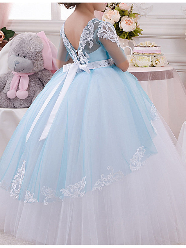 Long Ball Gown Jewel Neck Tulle Lace Pageant Flower Girl Dresses with Sleeves