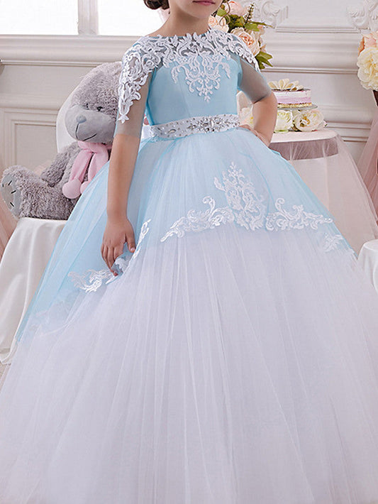 Long Ball Gown Jewel Neck Tulle Lace Pageant Flower Girl Dresses with Sleeves