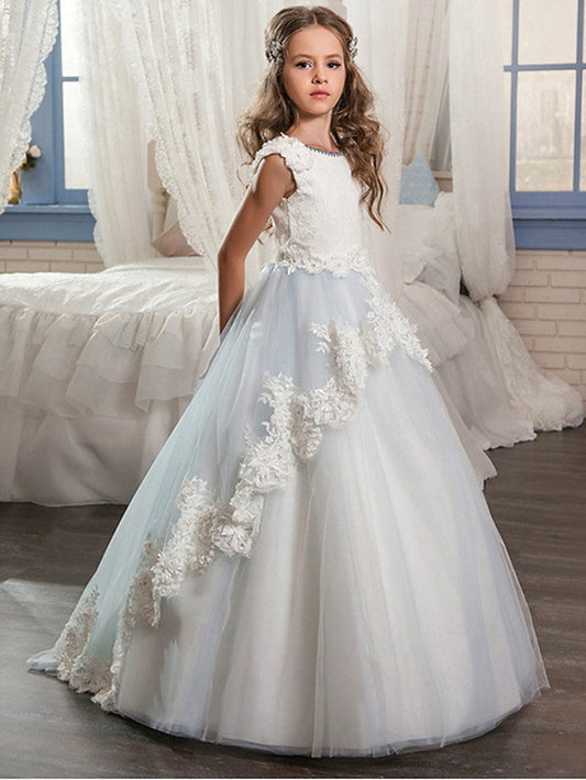 Long Ball Gown Jewel Neck Wedding Event Party Flower Girl Dresses With Lace Appliques