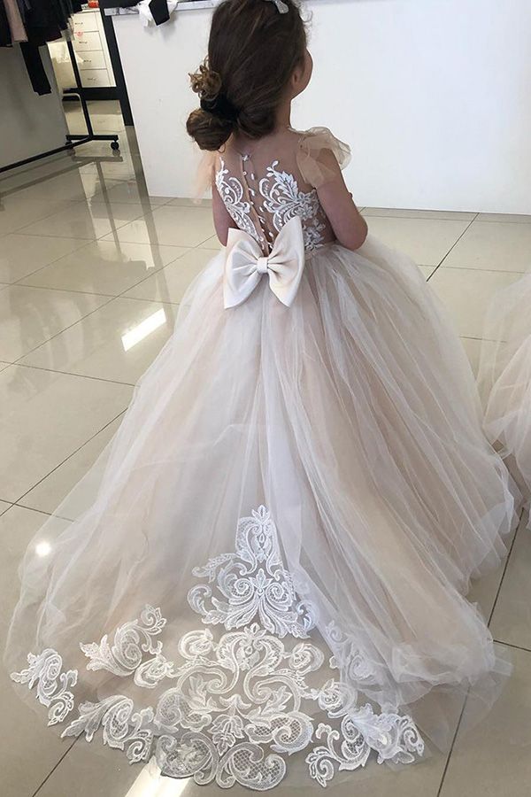 Long Ball Gown Lace Appliques Tulle Flower Girl Dresses