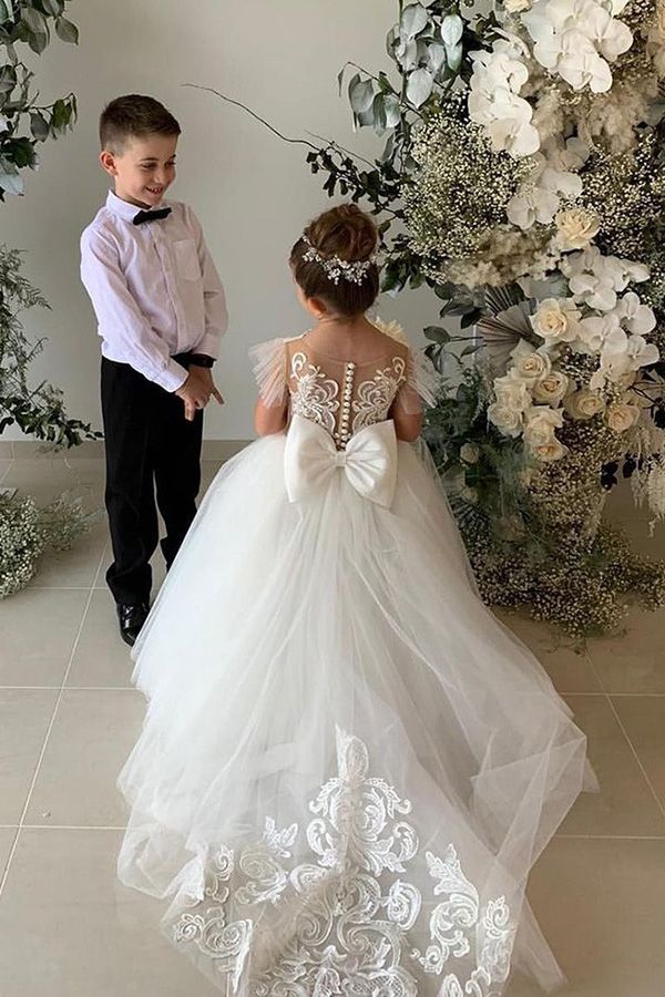 Long Ball Gown Lace Appliques Tulle Flower Girl Dresses